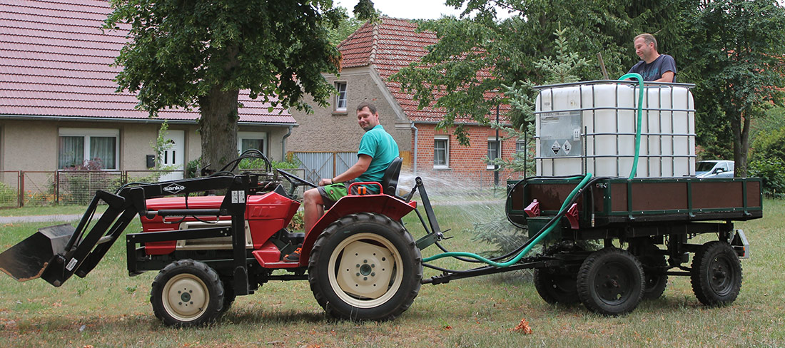 Tobias und Mathias Strauß gießen die Pflanzen auf dem Borker Dorfanger